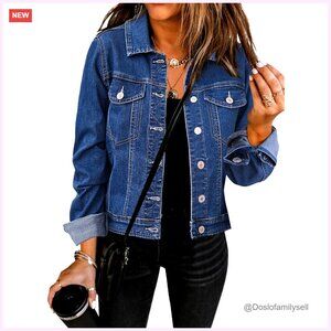Stretchy Denim Jacket Long Sleeve Button Down Trucker Fit Women's
